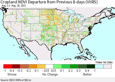 United States Cropland NDVI Departure from Previous Dekad (VIIRS) Thematic Map For 8/11/2021 - 8/20/2021
