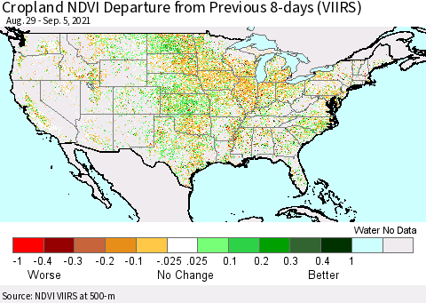 United States Cropland NDVI Departure from Previous 8-days (VIIRS) Thematic Map For 8/29/2021 - 9/5/2021