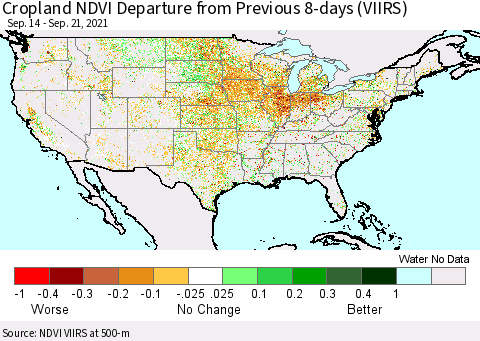 United States Cropland NDVI Departure from Previous 8-days (VIIRS) Thematic Map For 9/14/2021 - 9/21/2021