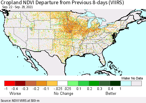 United States Cropland NDVI Departure from Previous 8-days (VIIRS) Thematic Map For 9/22/2021 - 9/29/2021