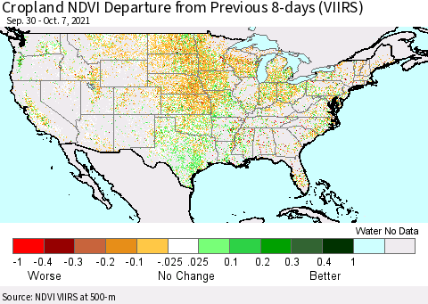 United States Cropland NDVI Departure from Previous 8-days (VIIRS) Thematic Map For 9/30/2021 - 10/7/2021