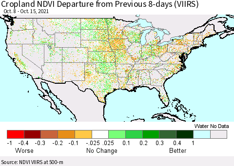 United States Cropland NDVI Departure from Previous 8-days (VIIRS) Thematic Map For 10/8/2021 - 10/15/2021