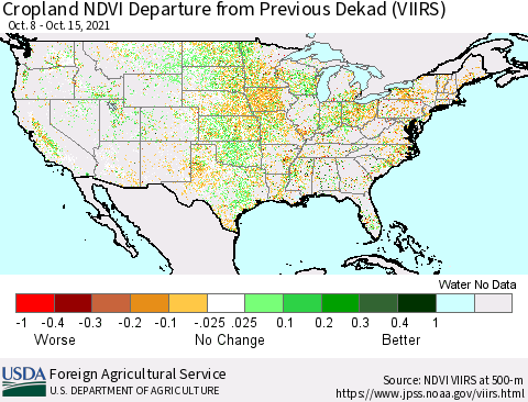 United States Cropland NDVI Departure from Previous Dekad (VIIRS) Thematic Map For 10/11/2021 - 10/20/2021