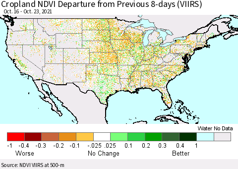 United States Cropland NDVI Departure from Previous 8-days (VIIRS) Thematic Map For 10/16/2021 - 10/23/2021