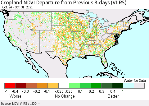 United States Cropland NDVI Departure from Previous Dekad (VIIRS) Thematic Map For 10/21/2021 - 10/31/2021