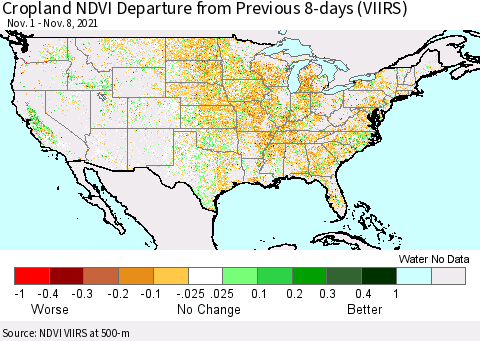 United States Cropland NDVI Departure from Previous 8-days (VIIRS) Thematic Map For 11/1/2021 - 11/8/2021