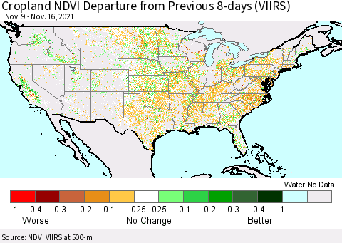 United States Cropland NDVI Departure from Previous 8-days (VIIRS) Thematic Map For 11/9/2021 - 11/16/2021