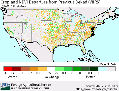 United States Cropland NDVI Departure from Previous Dekad (VIIRS) Thematic Map For 11/11/2021 - 11/20/2021