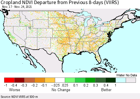 United States Cropland NDVI Departure from Previous 8-days (VIIRS) Thematic Map For 11/17/2021 - 11/24/2021
