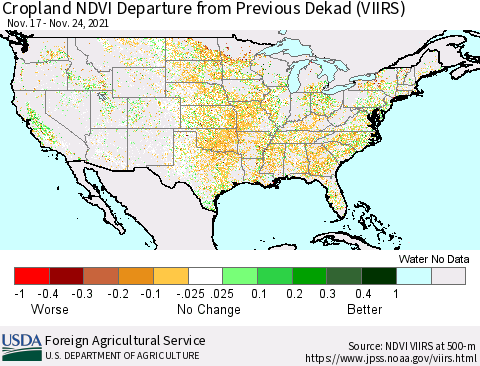 United States Cropland NDVI Departure from Previous Dekad (VIIRS) Thematic Map For 11/21/2021 - 11/30/2021