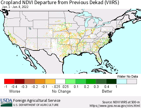 United States Cropland NDVI Departure from Previous Dekad (VIIRS) Thematic Map For 1/1/2022 - 1/10/2022