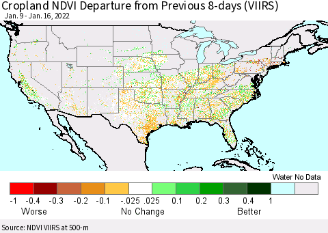 United States Cropland NDVI Departure from Previous 8-days (VIIRS) Thematic Map For 1/9/2022 - 1/16/2022