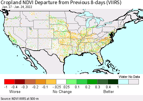 United States Cropland NDVI Departure from Previous 8-days (VIIRS) Thematic Map For 1/17/2022 - 1/24/2022