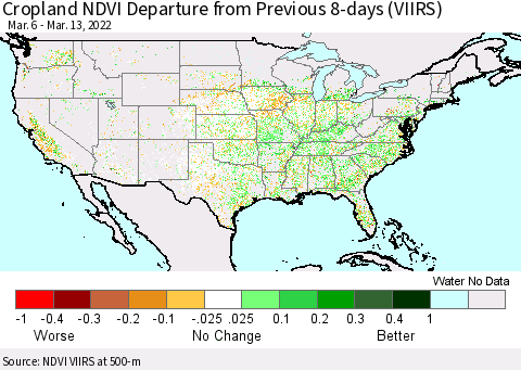 United States Cropland NDVI Departure from Previous 8-days (VIIRS) Thematic Map For 3/6/2022 - 3/13/2022