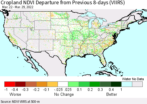 United States Cropland NDVI Departure from Previous 8-days (VIIRS) Thematic Map For 3/22/2022 - 3/29/2022