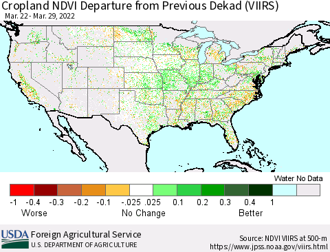 United States Cropland NDVI Departure from Previous Dekad (VIIRS) Thematic Map For 3/21/2022 - 3/31/2022
