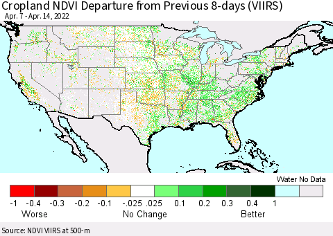 United States Cropland NDVI Departure from Previous 8-days (VIIRS) Thematic Map For 4/7/2022 - 4/14/2022