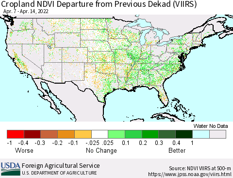 United States Cropland NDVI Departure from Previous Dekad (VIIRS) Thematic Map For 4/11/2022 - 4/20/2022