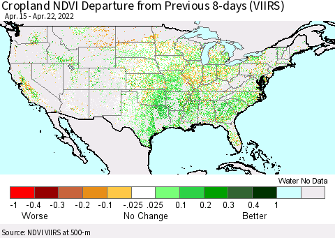 United States Cropland NDVI Departure from Previous 8-days (VIIRS) Thematic Map For 4/15/2022 - 4/22/2022
