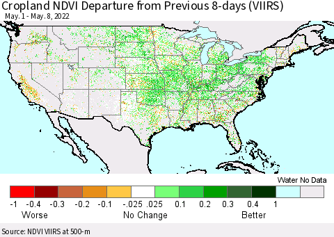 United States Cropland NDVI Departure from Previous 8-days (VIIRS) Thematic Map For 5/1/2022 - 5/8/2022