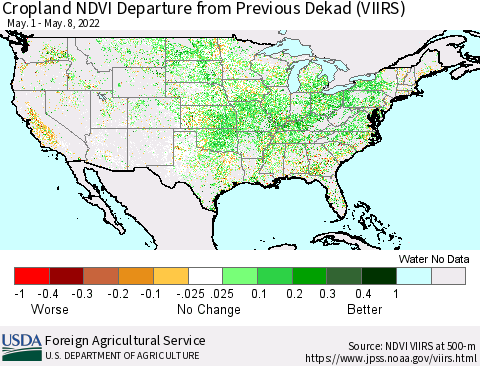 United States Cropland NDVI Departure from Previous Dekad (VIIRS) Thematic Map For 5/1/2022 - 5/10/2022