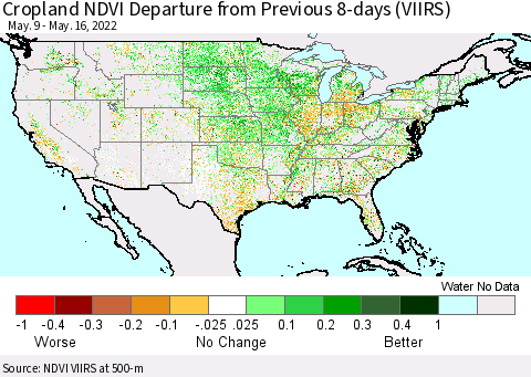 United States Cropland NDVI Departure from Previous 8-days (VIIRS) Thematic Map For 5/9/2022 - 5/16/2022
