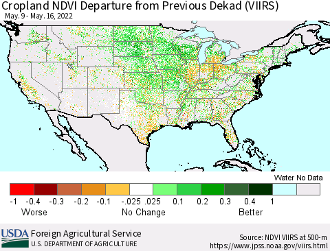 United States Cropland NDVI Departure from Previous Dekad (VIIRS) Thematic Map For 5/11/2022 - 5/20/2022