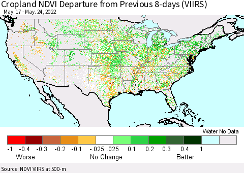 United States Cropland NDVI Departure from Previous 8-days (VIIRS) Thematic Map For 5/17/2022 - 5/24/2022