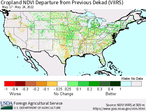 United States Cropland NDVI Departure from Previous Dekad (VIIRS) Thematic Map For 5/21/2022 - 5/31/2022