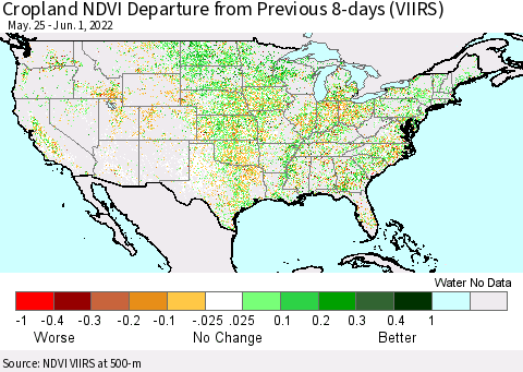 United States Cropland NDVI Departure from Previous 8-days (VIIRS) Thematic Map For 5/25/2022 - 6/1/2022