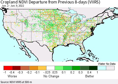 United States Cropland NDVI Departure from Previous 8-days (VIIRS) Thematic Map For 6/2/2022 - 6/9/2022