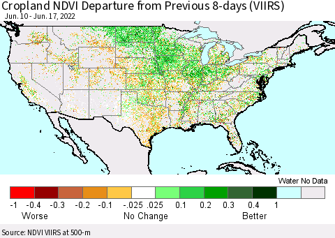 United States Cropland NDVI Departure from Previous 8-days (VIIRS) Thematic Map For 6/10/2022 - 6/17/2022