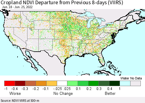 United States Cropland NDVI Departure from Previous 8-days (VIIRS) Thematic Map For 6/18/2022 - 6/25/2022