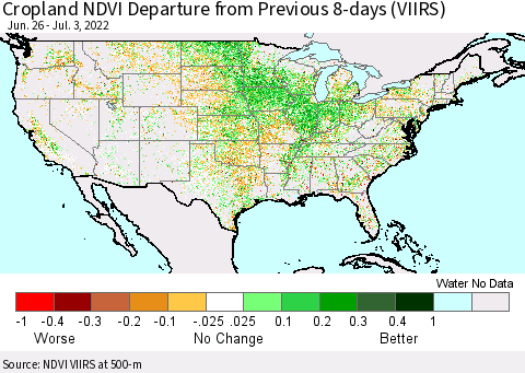 United States Cropland NDVI Departure from Previous 8-days (VIIRS) Thematic Map For 6/26/2022 - 7/3/2022
