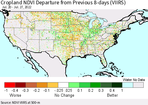 United States Cropland NDVI Departure from Previous 8-days (VIIRS) Thematic Map For 7/20/2022 - 7/27/2022