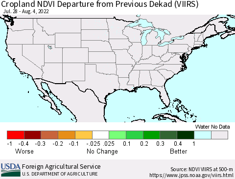 United States Cropland NDVI Departure from Previous Dekad (VIIRS) Thematic Map For 8/1/2022 - 8/10/2022