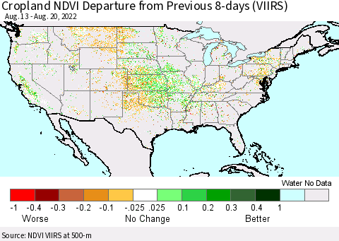 United States Cropland NDVI Departure from Previous 8-days (VIIRS) Thematic Map For 8/13/2022 - 8/20/2022