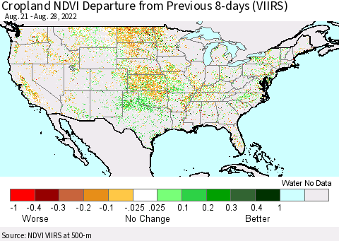 United States Cropland NDVI Departure from Previous 8-days (VIIRS) Thematic Map For 8/21/2022 - 8/28/2022