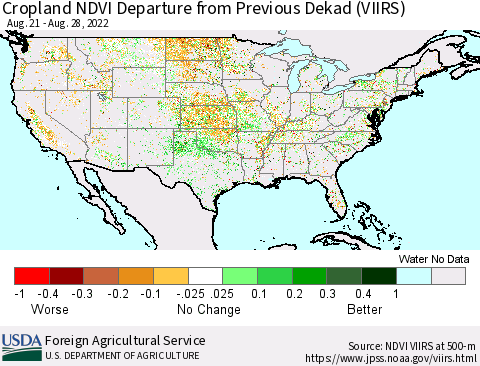 United States Cropland NDVI Departure from Previous Dekad (VIIRS) Thematic Map For 8/21/2022 - 8/31/2022