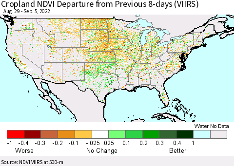 United States Cropland NDVI Departure from Previous 8-days (VIIRS) Thematic Map For 8/29/2022 - 9/5/2022
