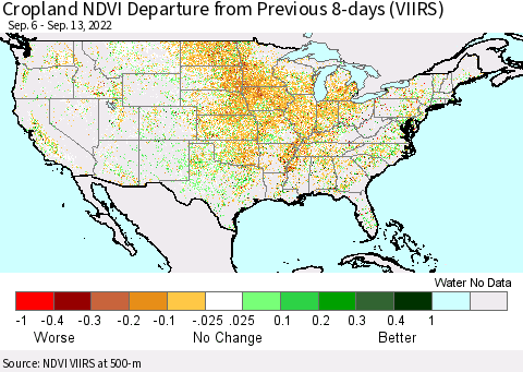 United States Cropland NDVI Departure from Previous 8-days (VIIRS) Thematic Map For 9/6/2022 - 9/13/2022