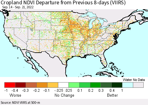 United States Cropland NDVI Departure from Previous 8-days (VIIRS) Thematic Map For 9/14/2022 - 9/21/2022
