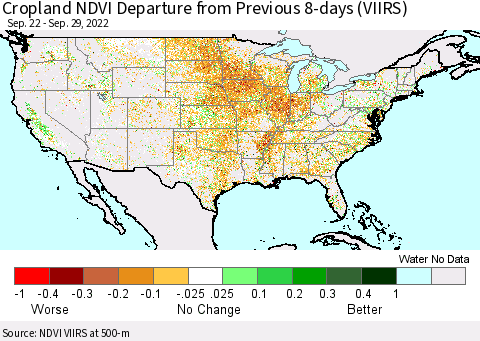 United States Cropland NDVI Departure from Previous 8-days (VIIRS) Thematic Map For 9/22/2022 - 9/29/2022