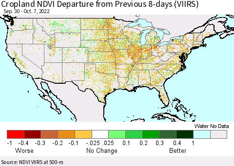 United States Cropland NDVI Departure from Previous 8-days (VIIRS) Thematic Map For 9/30/2022 - 10/7/2022
