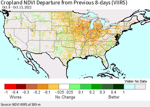 United States Cropland NDVI Departure from Previous 8-days (VIIRS) Thematic Map For 10/8/2022 - 10/15/2022