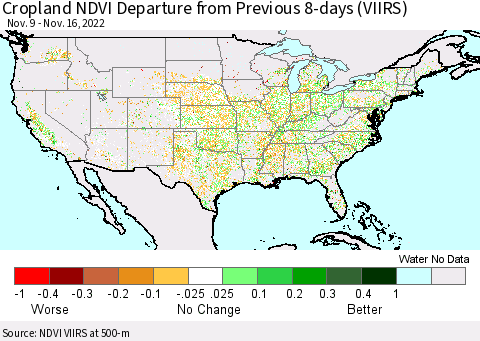 United States Cropland NDVI Departure from Previous 8-days (VIIRS) Thematic Map For 11/9/2022 - 11/16/2022