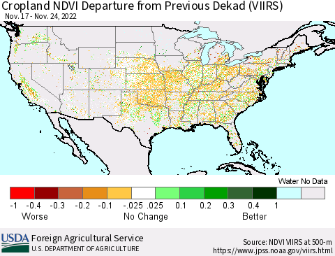United States Cropland NDVI Departure from Previous Dekad (VIIRS) Thematic Map For 11/21/2022 - 11/30/2022