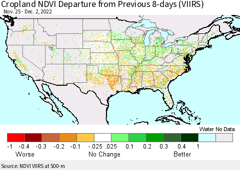 United States Cropland NDVI Departure from Previous 8-days (VIIRS) Thematic Map For 11/25/2022 - 12/2/2022