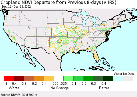 United States Cropland NDVI Departure from Previous 8-days (VIIRS) Thematic Map For 12/11/2022 - 12/18/2022