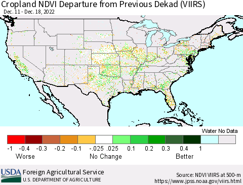 United States Cropland NDVI Departure from Previous Dekad (VIIRS) Thematic Map For 12/11/2022 - 12/20/2022